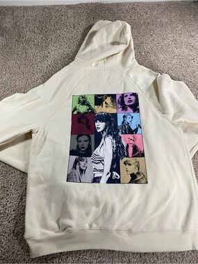 Taylor Swift Eras Tour Medium Colorful Print Oversized Cream Hoodie Sweatshirt